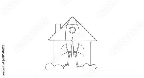 Rocket launching from house in minimalist line art style