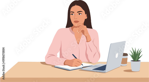 A woman sitting at a desk, writing in a notebook, with a laptop and coffee, looking thoughtful.