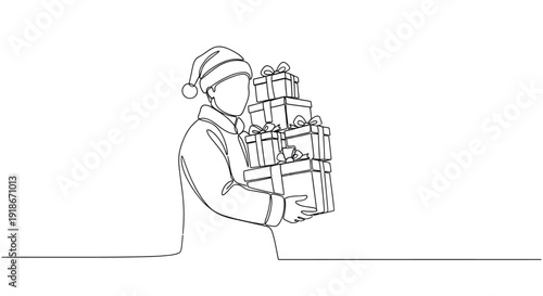 Man in Santa hat carrying a stack of gift boxes, single line art.