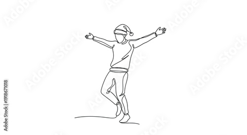 Happy person in Santa hat with arms wide open, line art drawing.