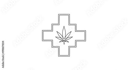 Medical cross symbol with a cannabis leaf, vector line art.