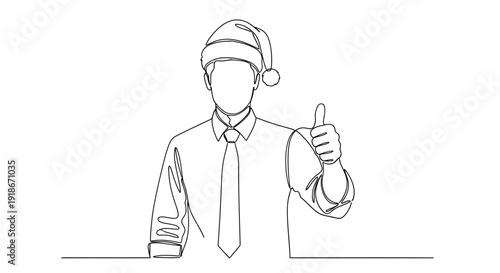 Businessman in Santa hat giving thumbs up, single line drawing.