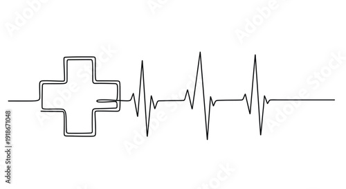 Medical cross integrated with a heartbeat EKG line, line art.