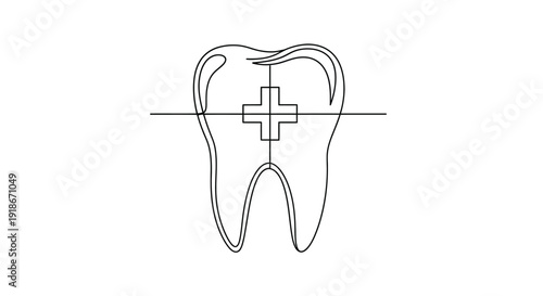 Tooth icon with a medical cross inside, line art illustration.