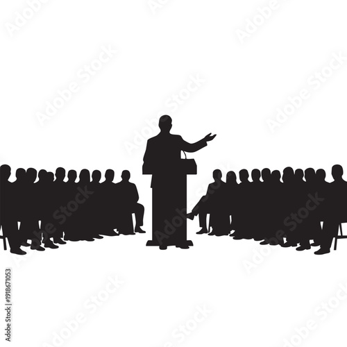 Silhouette vector of public speaker giving presentation to audience, man at podium addressing large group in conference hall