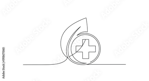 Circular medical cross icon with a leaf, simple line drawing.