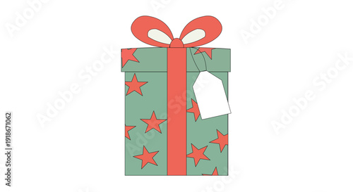 A gift box with a red bow and star pattern on green paper
