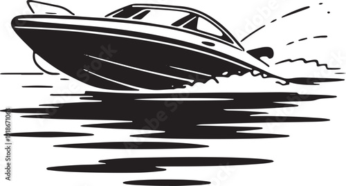 Fast speedboat moving quickly on water creating a big wake vector graphic illustration