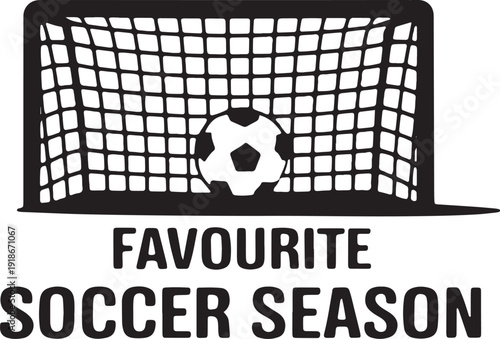 Favorite soccer season graphic icon design featuring football hitting back of the goal net silhouette