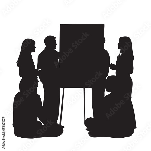 Silhouette vector of people in meeting room with whiteboard for presentation, group of men and women working together on business project