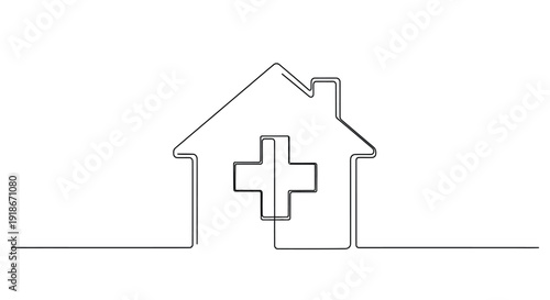 House shape with a medical cross inside, simple line drawing.