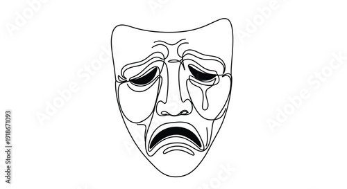 Sad theater mask with tears, minimalist line art.