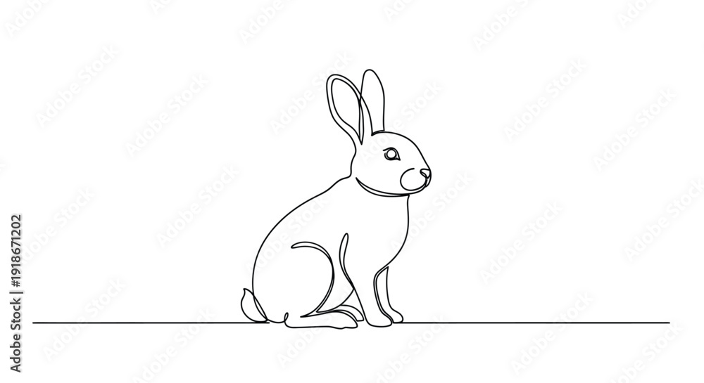Obraz premium Rabbit sitting still, side profile, single line drawing on white background