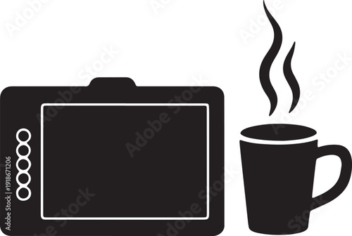 Graphic tablet and coffee cup vector icon set isolated on transparent background, creative workplace items