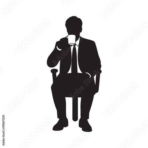 Businessman sitting in office chair drinking coffee silhouette vector for morning routine break time relaxation workplace refreshment corporate culture executive lifestyle management pause concept