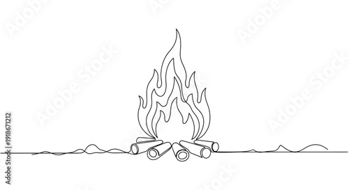 Campfire burning brightly with logs, single line drawing illustration