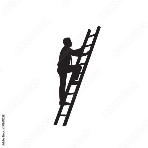 Businessman climbing a ladder, side view silhouette illustration representing career advancement, ambition, and goal achievement