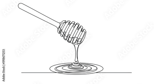 Honey dipper dripping golden honey, single line drawing illustration
