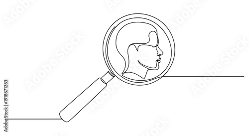Single line drawing of a magnifying glass over a human head silhouette