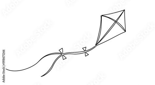 Single line drawing of a kite flying with bow ties and ribbons