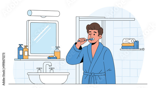 Young man in a blue bathrobe performing his morning routine by brushing his teeth in front of a bathroom mirror.