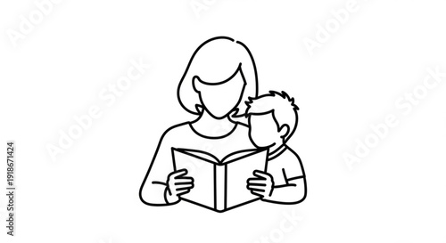 Mother and child reading together simple line art illustration black and white bonding moment