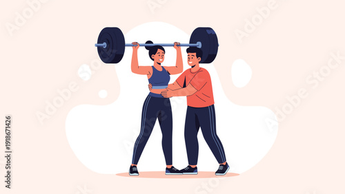 Athletic woman lifting a heavy barbell with the assistance of a professional male personal trainer in a gym setting.