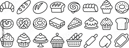 Bakery and dessert line icon collection, featuring bread, donut, cupcake, pastry and baking tools in modern outline vector set