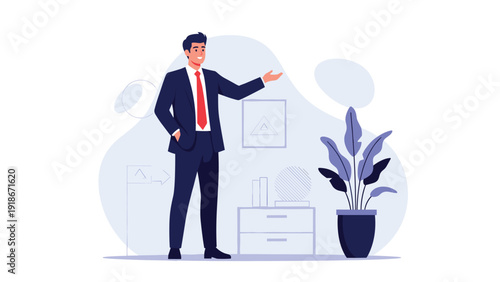 Professional businessman in a dark suit gesturing during a presentation in a modern and minimalist office space.