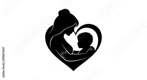 Mother and child in heart shaped silhouette love and care concept