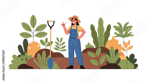 Cheerful female gardener wearing a straw hat and overalls standing in a vegetable garden next to a blue shovel.