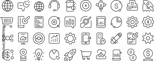 Digital marketing and business line icon set, featuring SEO, analytics, finance and startup symbols in modern outline vector collection