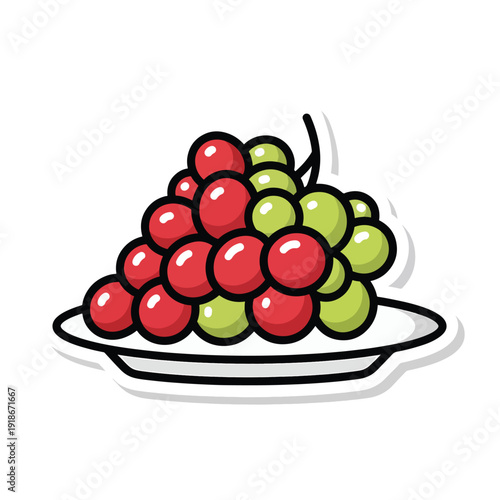 A vibrant cartoon illustration of grapes on a white plate viewed from the side