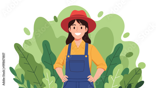 Happy female farmer wearing a red sun hat and blue overalls standing confidently in front of lush green garden foliage.
