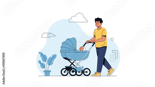 Smiling young man in casual clothes pushing a modern blue baby stroller outdoors against a simple abstract background.