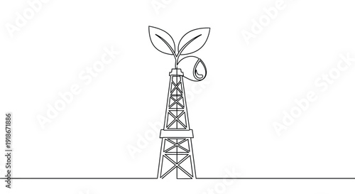 Oil derrick with sprouting leaves, renewable energy concept