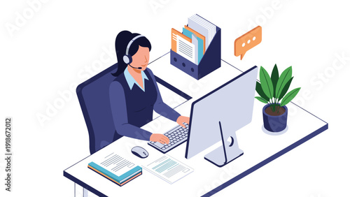 Female customer service agent with a headset working at her desk with a computer and office documents in an isometric view.