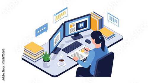 Focused woman sitting at a desk with two computer monitors and books while working or studying in an organized home office.