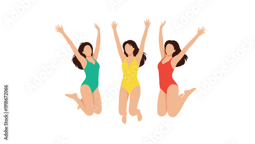 Three young women in colorful swimsuits jumping joyfully together against a plain white background representing summer fun and friendship.