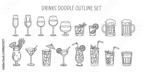 Set of different drinks in outline style