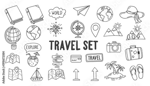 Travel related icons and symbols in line art style
