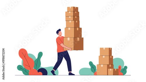 Delivery man or worker carefully carrying a very tall stack of cardboard boxes through a landscape with plants.