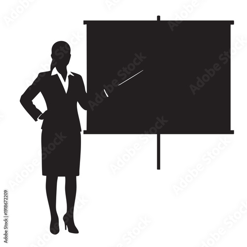 Silhouette of a professional businesswoman pointing at a blank projection screen during a presentation or meeting, symbolizing communication and education
