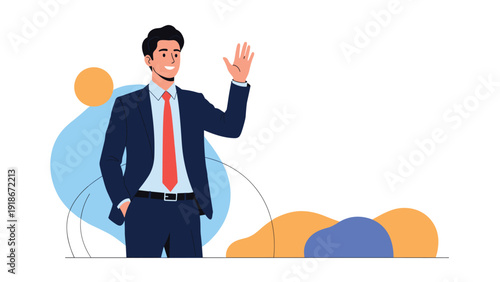 Confident businessman in a dark suit and red tie waving his hand in a friendly greeting against an abstract blue background.