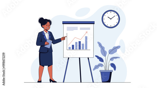 Professional woman in a blue business suit pointing to a growth chart on a flip chart during an office presentation.