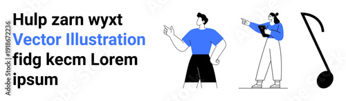 Two characters gesturing while interacting, emphasizing communication, creativity, collaboration, teamwork, education, design, abstract ideas. Ideal for banners presentations or a simple landing