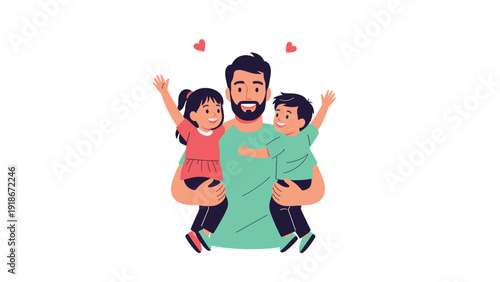 Loving father holding his son and daughter closely in a warm embrace with hearts symbolizing family affection and care.