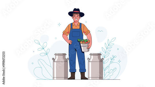 Proud farmer standing between two large milk cans and holding a bucket of fresh vegetables on his farm at sunset.