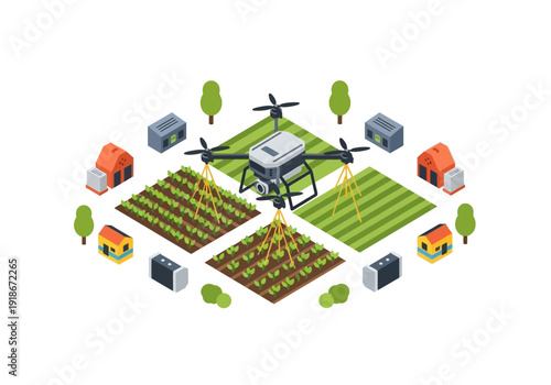 Smart farm: agricultural drone spraying crops. Precision agriculture, automation, and modern technology for efficient crop management.