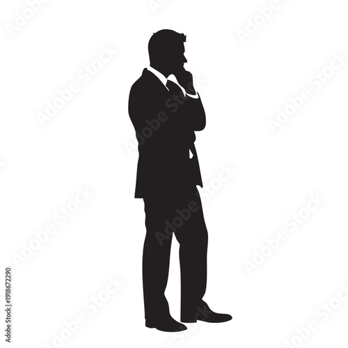 Thoughtful businessman in suit with hand on chin, side view full body silhouette of pensive male professional, isolated vector on white background